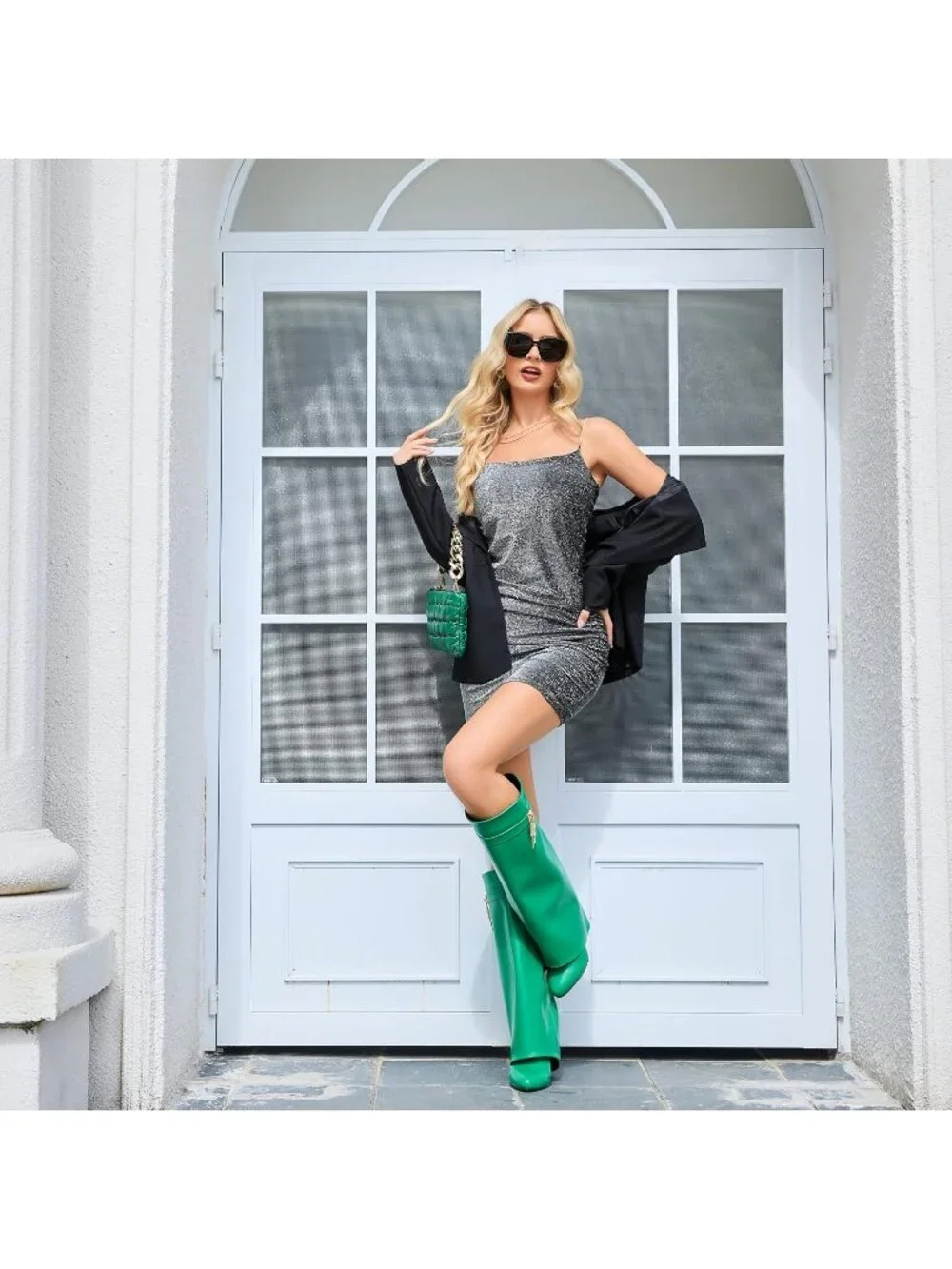 Women's Green Pointed Toe Wedge Heel Side Zipper Knee High Shark Boots